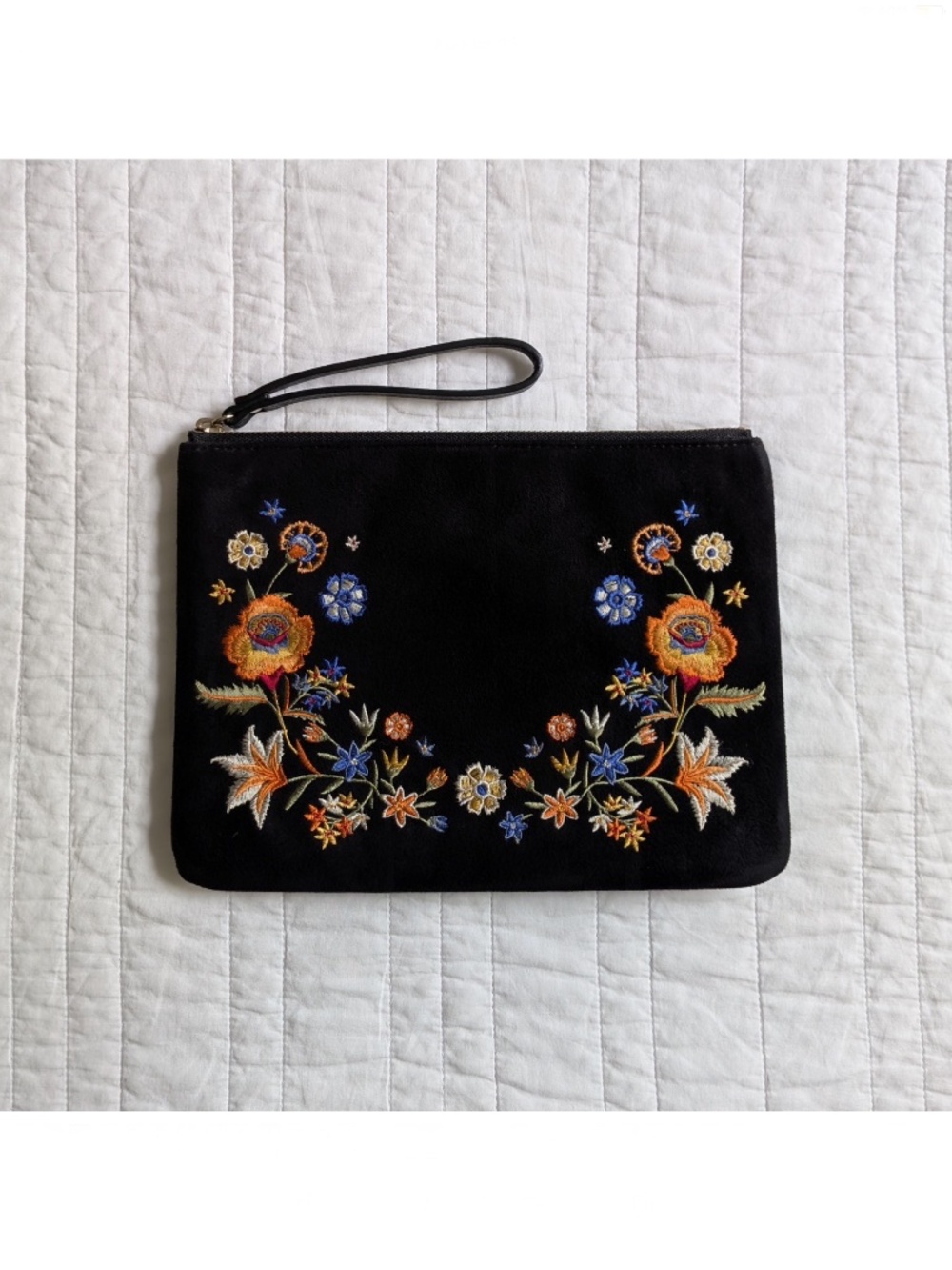 Vintage Black Suede and Leather Clutch w Floral Embroidery - Embroidered Flowers